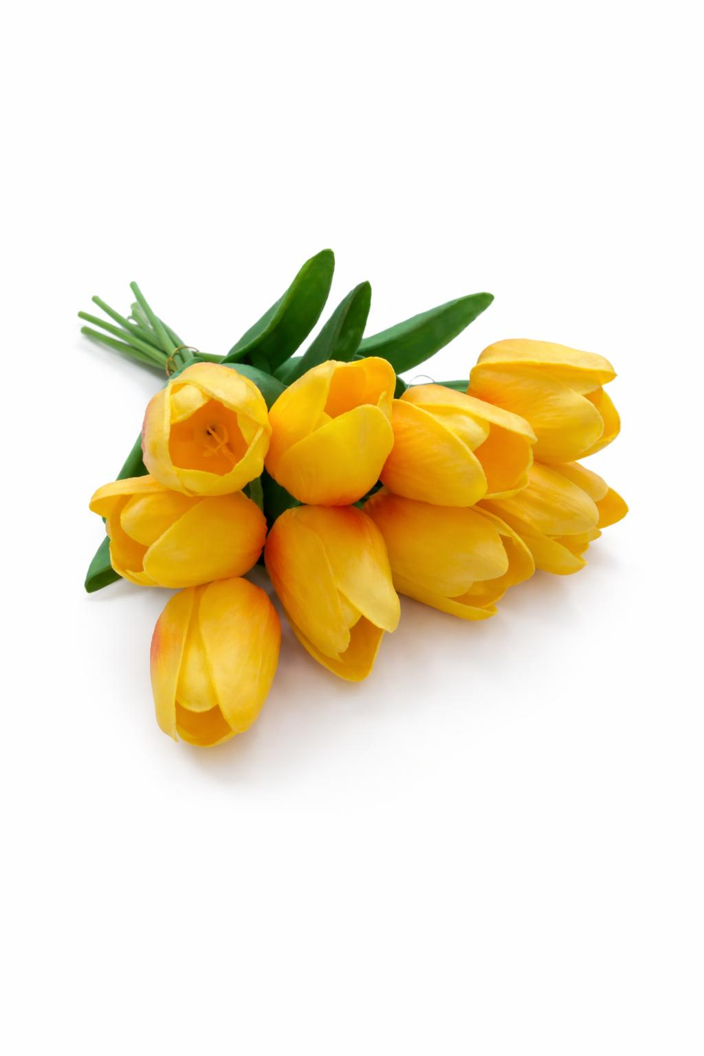 Set 10 lalele artificiale galben intens cu accente portocalii soft touch fir individual 33cm [3]