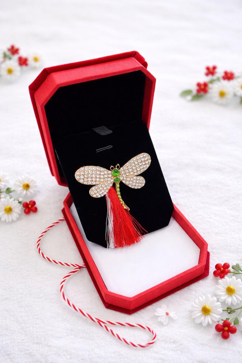 Brosa libelula aurie cu strasuri, martisor elegant, cutie catifea 10x7.5x3 cm