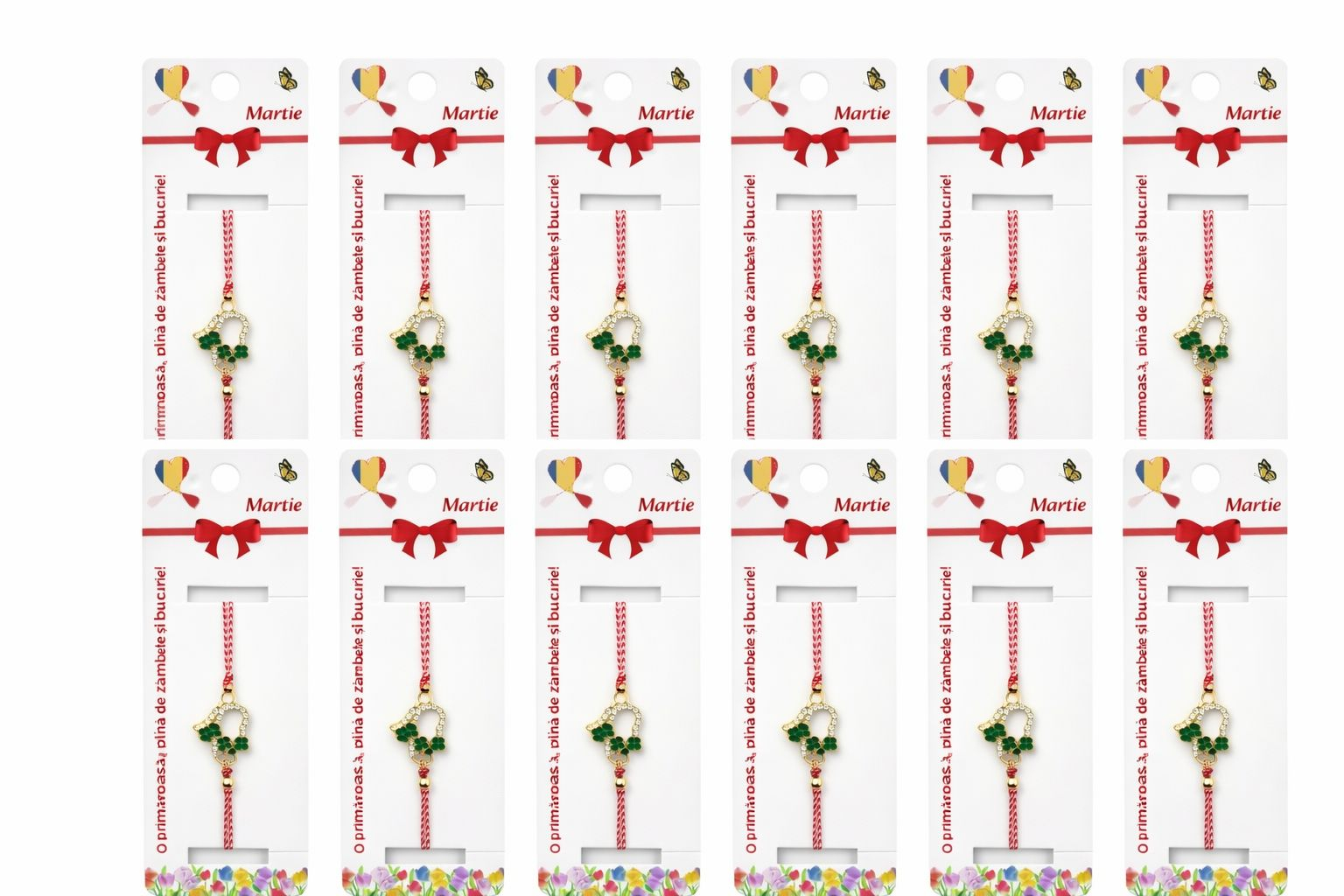Set 12 bratari martisor cu inimioara si trifoi verzi, snur reglabil rosu-alb [4]