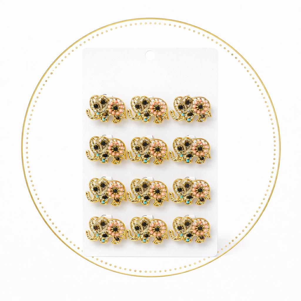 Set 12 brose martisor elefant auriu cu margele colorate, noroc si prosperitate 15x9cm [1]