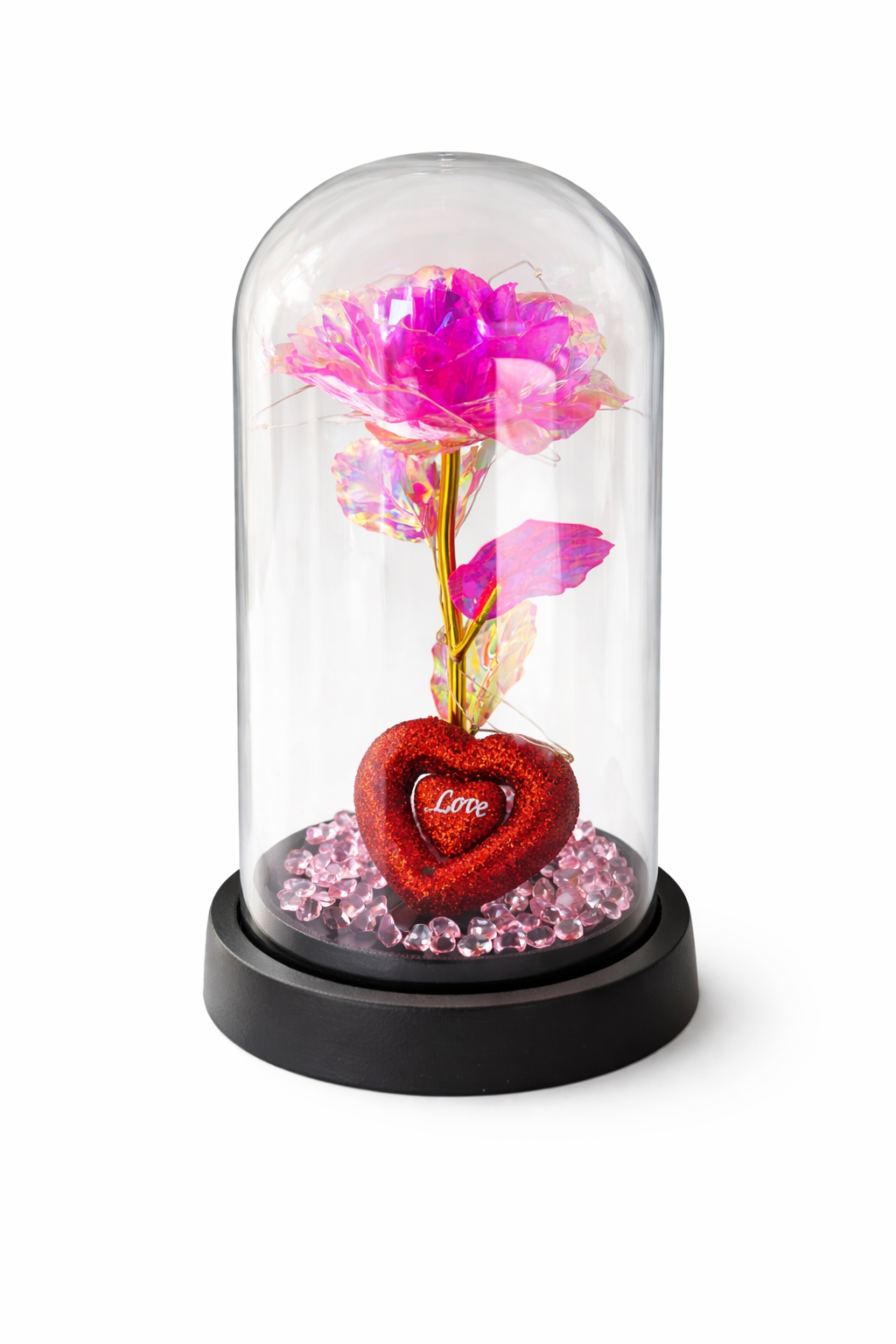 Cupola plastic cu trandafir irizat roz fucsia si inima Love LED, 20 cm, cutie cadou [1]
