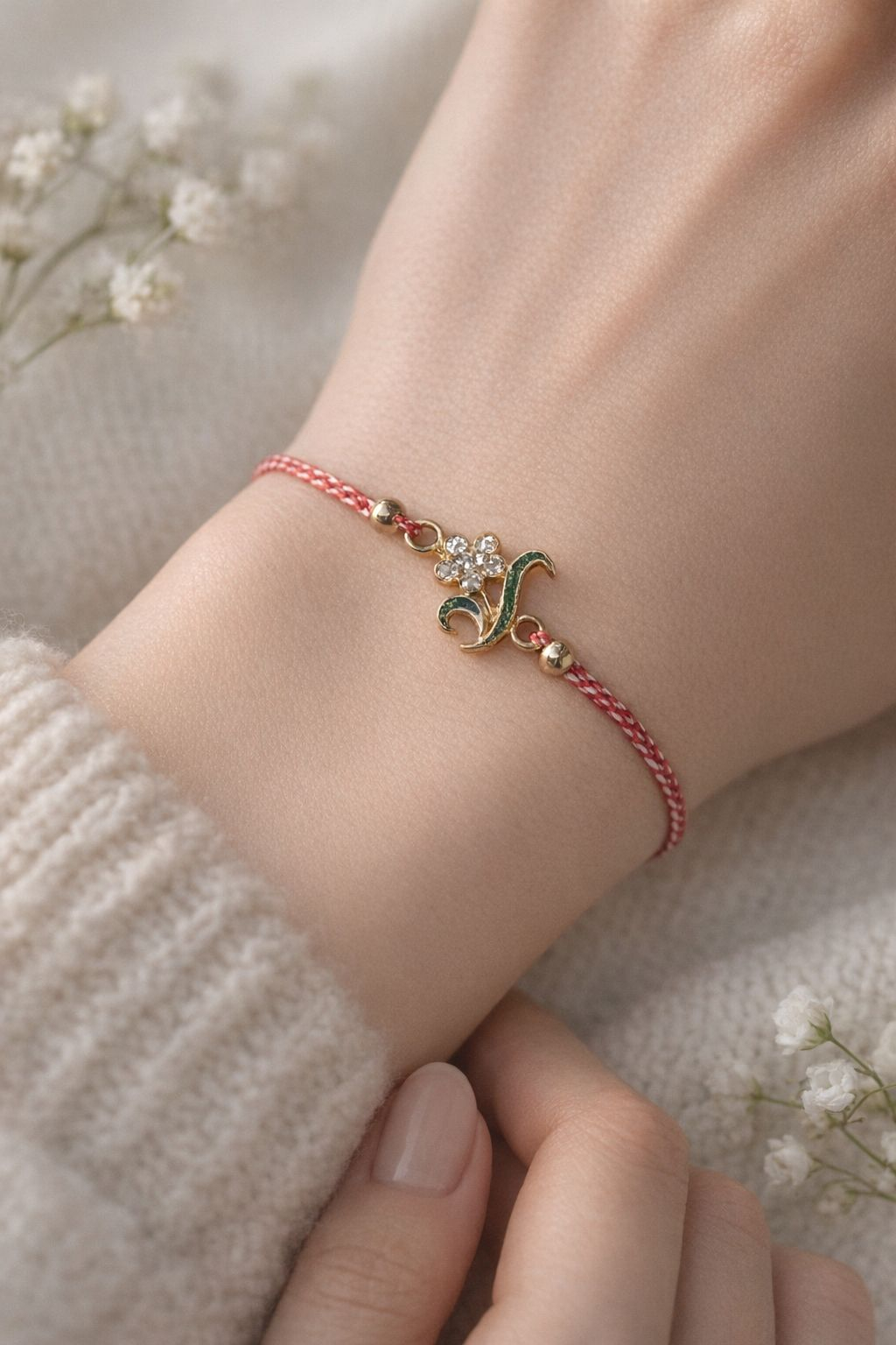 Set 12 bratari martisor cu floare metalica si petale din strasuri, snur reglabil [2]