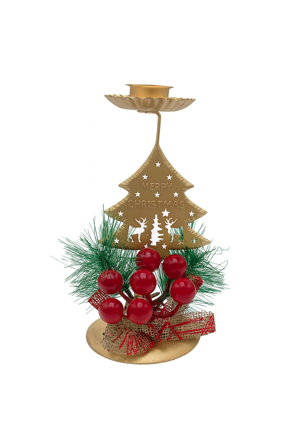 Suport lumanare metalic Craciun cu brad decupat si decoratiuni rosii, 17cm