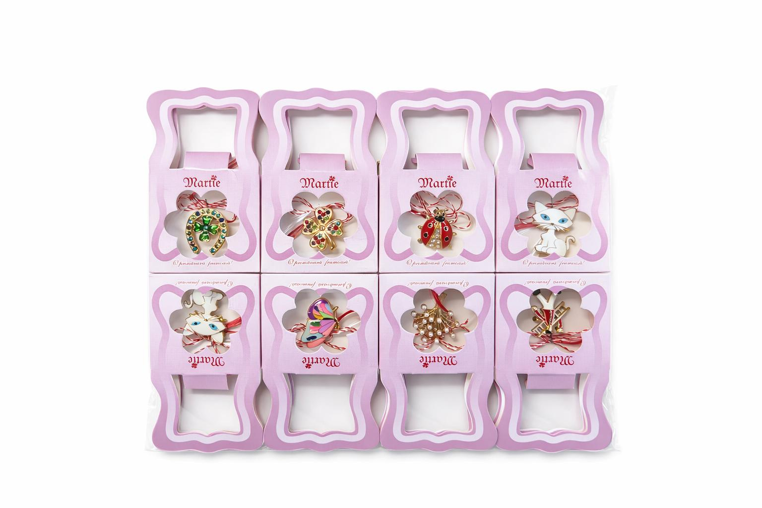 Set 16 brose martisor modele combinate, ambalaj individual elegant, 11.5x6.5cm