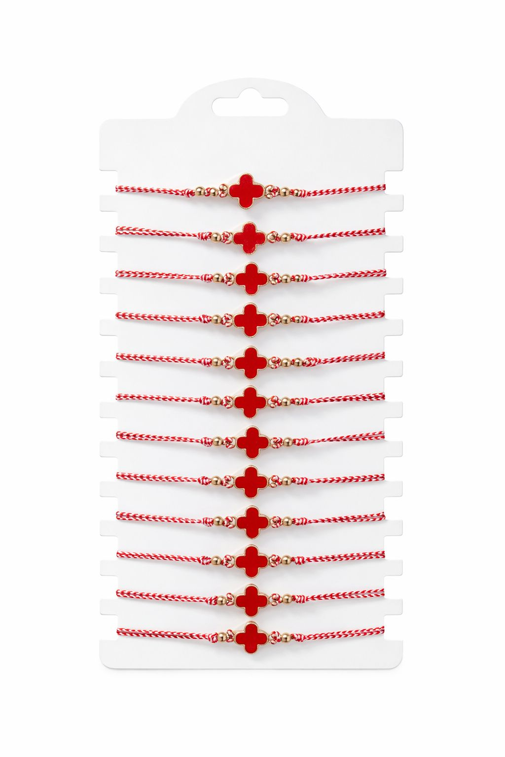 Set 12 Bratari Martisor Trifoi Rosu Auriu, Snur Alb-Rosu Reglabil, 20x11 cm