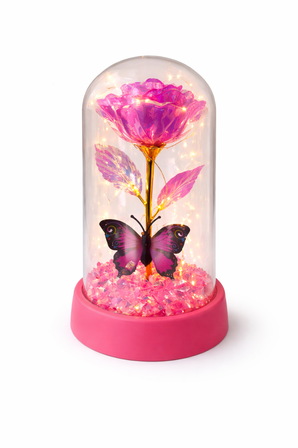 Cupola cu Trandafir Royal Pink si Fluture, LED, 15x9 cm, Baterii Incluse