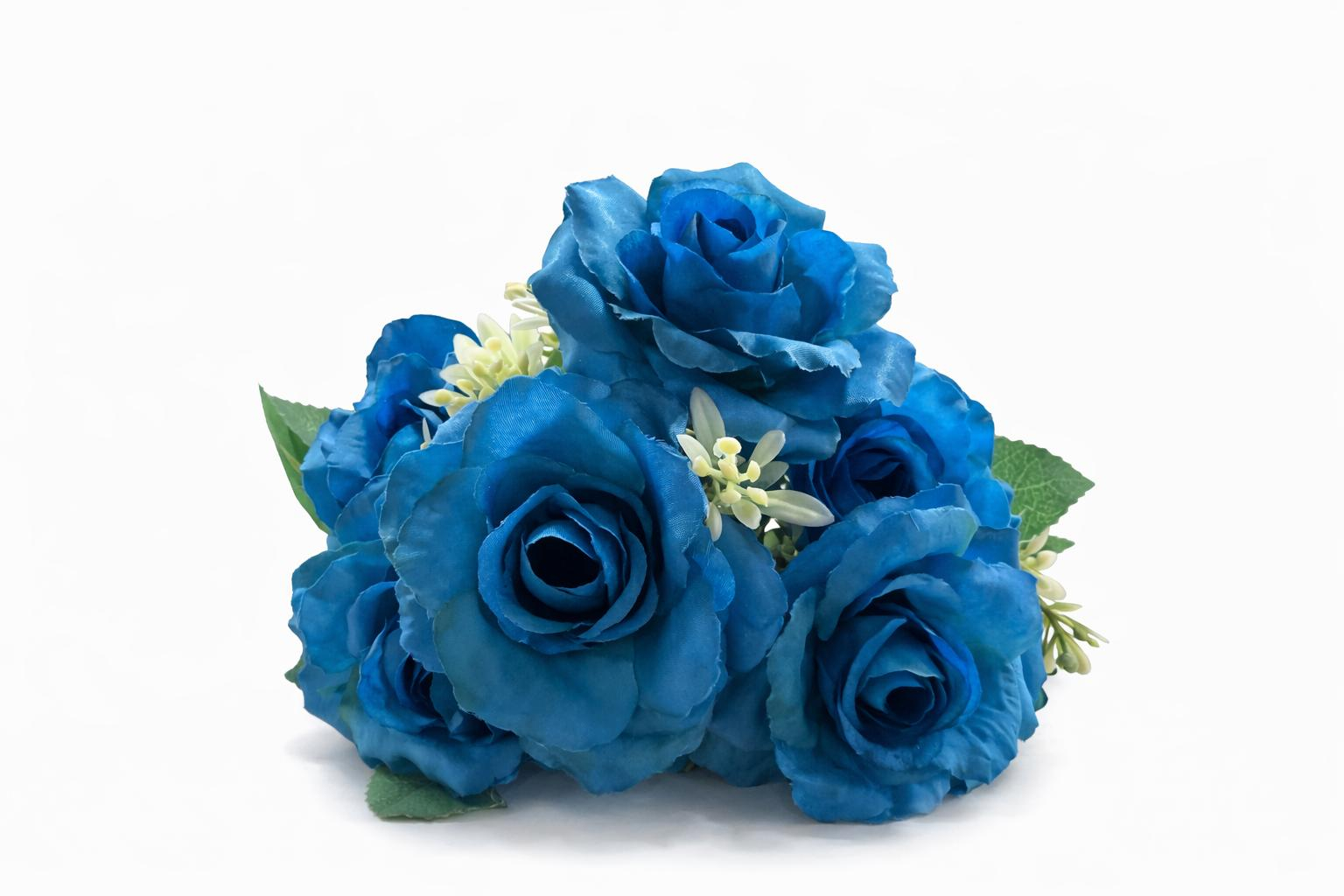 Buchet 7 trandafiri artificiali albastru intens cu frunze si boboci decorativi 30cm [1]