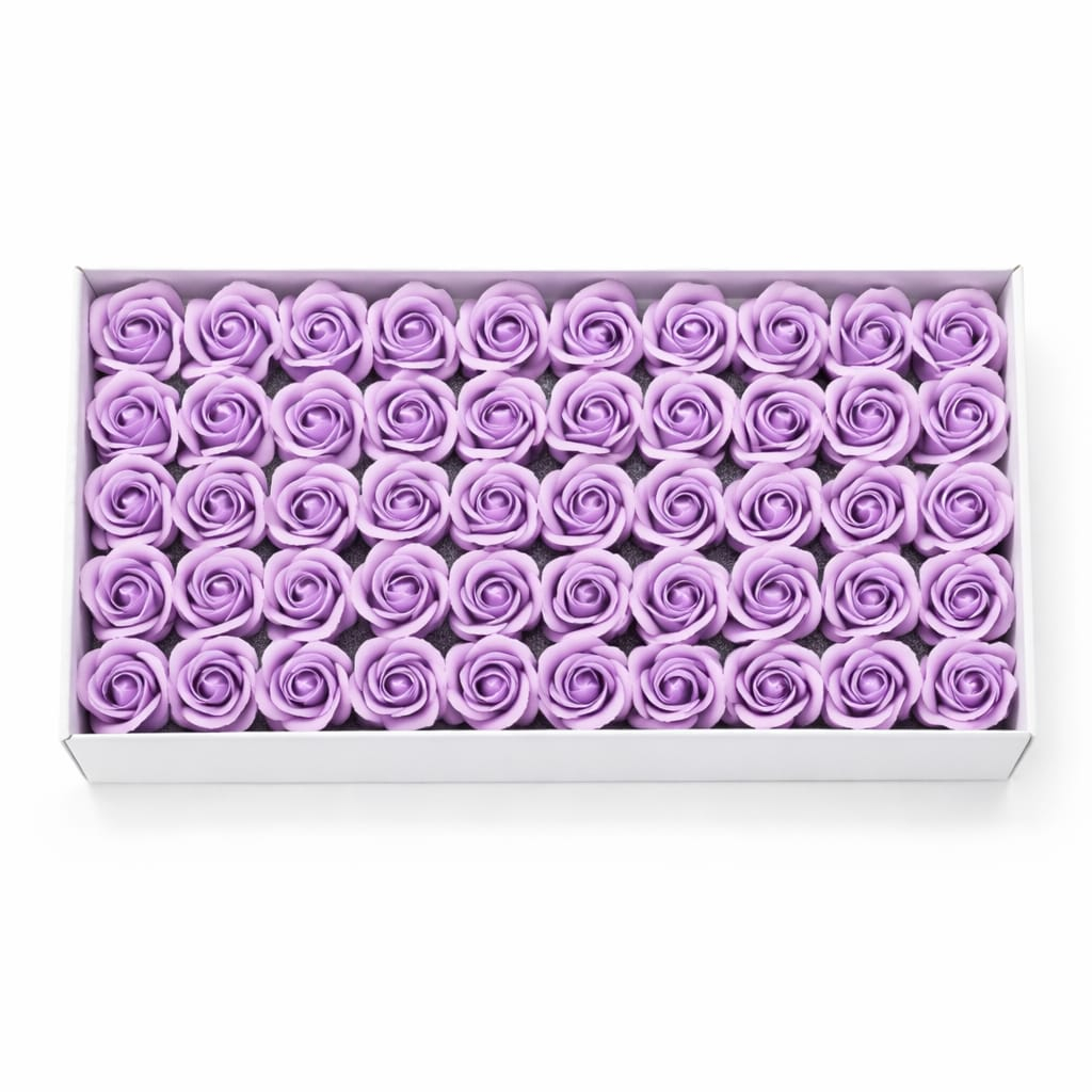 Set 50 Trandafiri de Sapun Parfumati in Cutie Eleganta Cadou 44x23 cm Lila