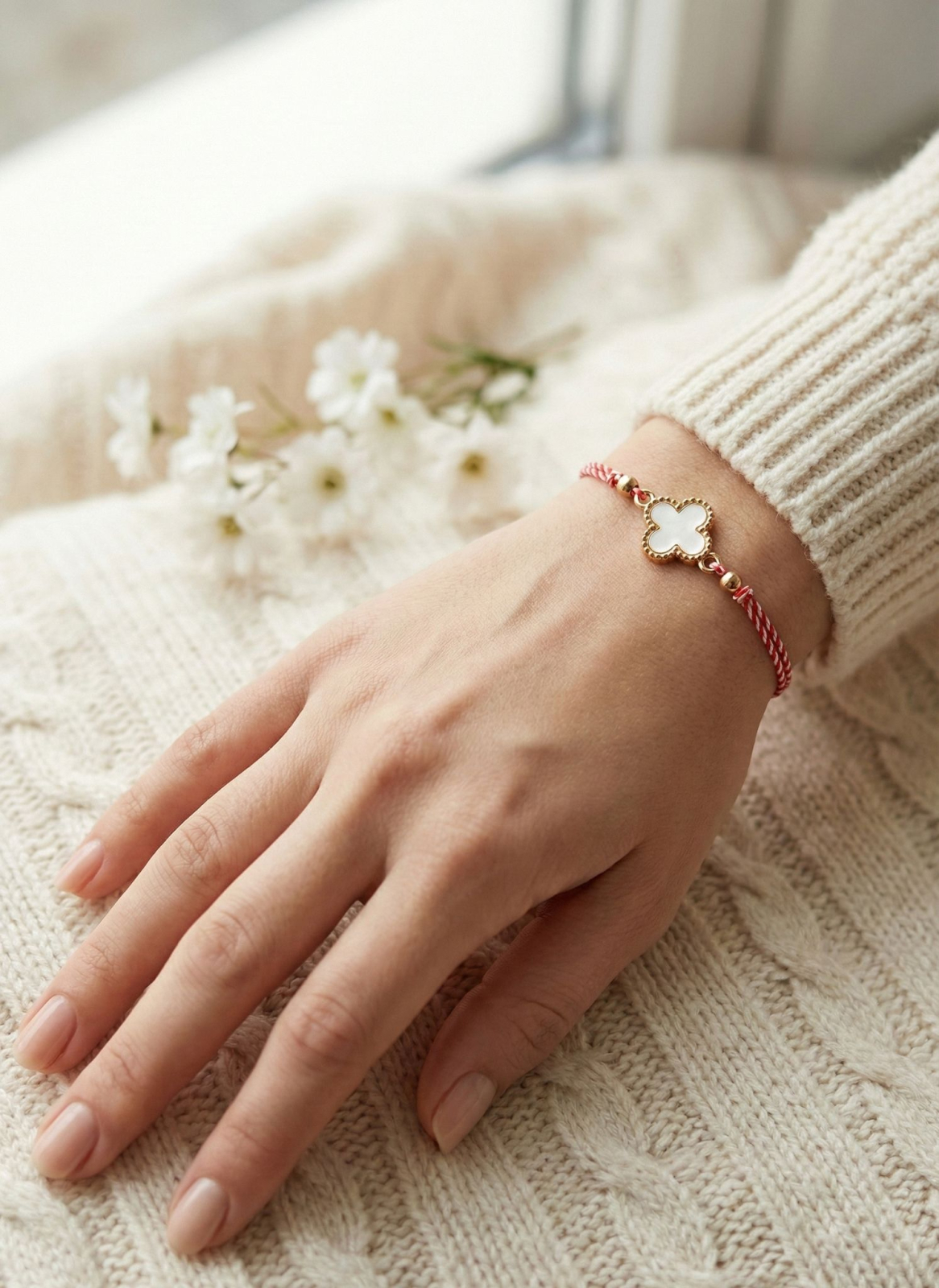 Set 12 bratari martisor cu floare alba sidefata, snur rosu alb, ambalate individual [2]