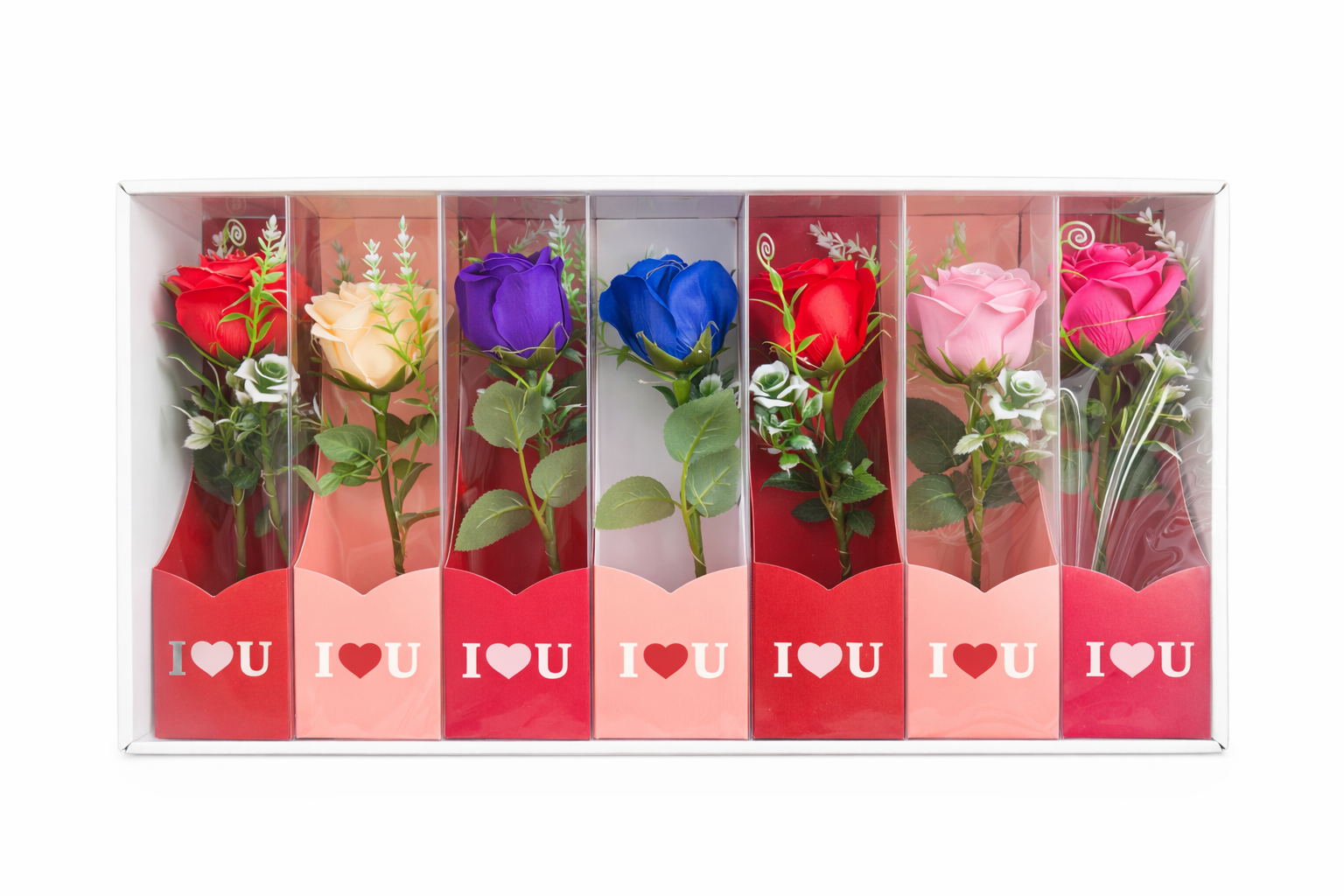 Set 7 flori artificiale cu LED si baterii incluse, ambalaj cadou I Love U, 26 x 7 cm [1]