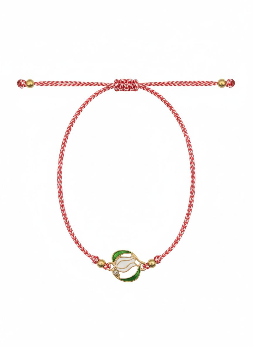 Set 12 bratari martisor lalea alba cu frunze si stras, snur alb rosu, 20x11cm [1]