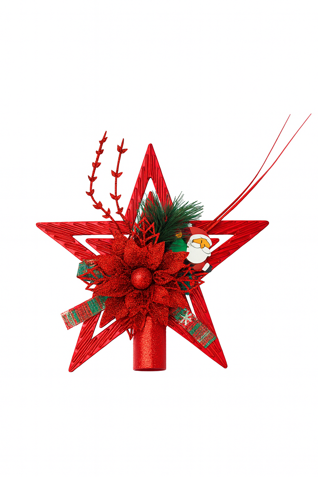 Varf Brad Craciun Stea Rosie cu Poinsettia si Decoratiuni, 25 cm