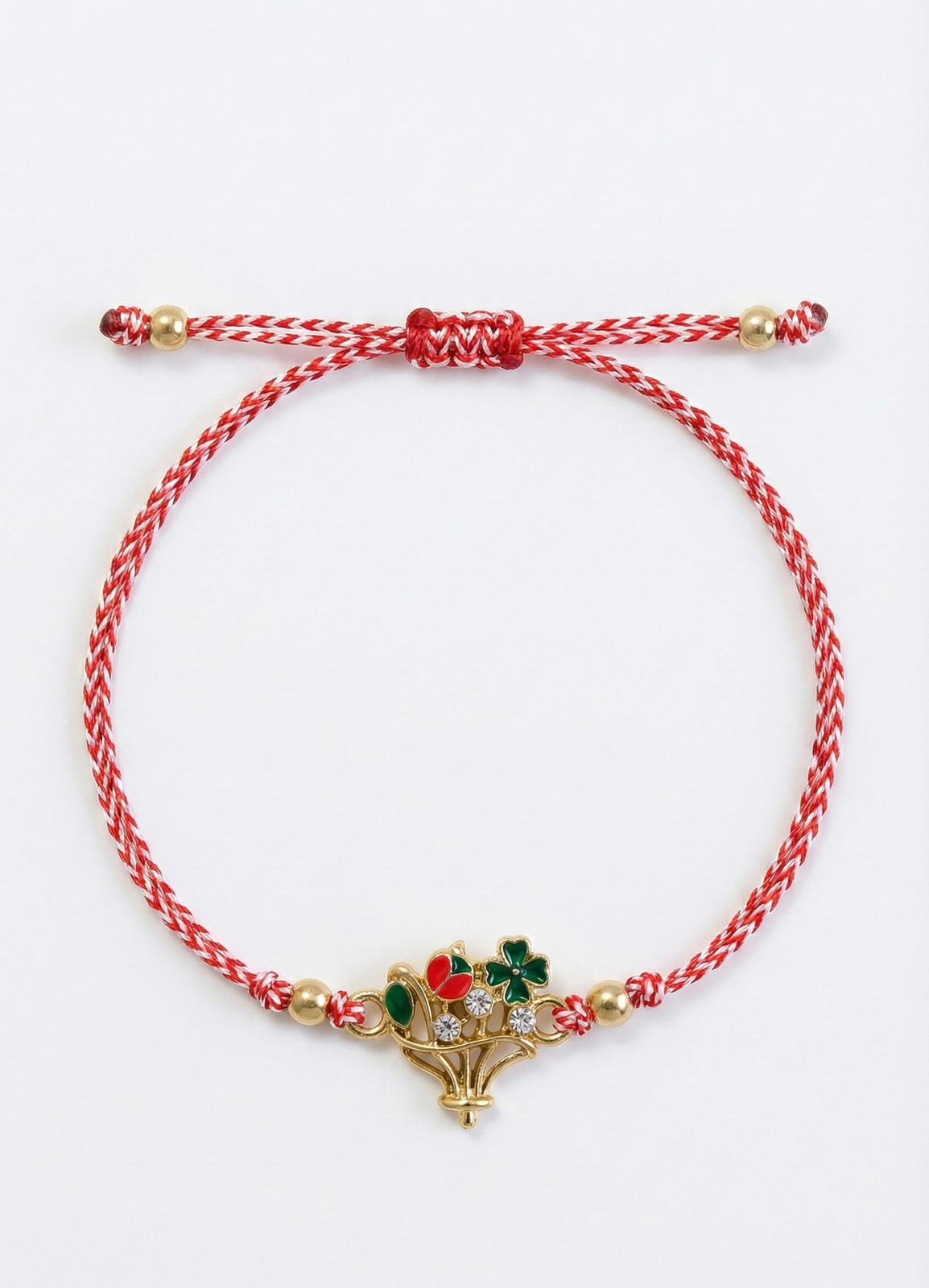 Set 12 Bratari Martisor cu Cosulet Auriu, Floare, Trifoi si Buburuza, Snur Rosu, 20x11 cm [1]