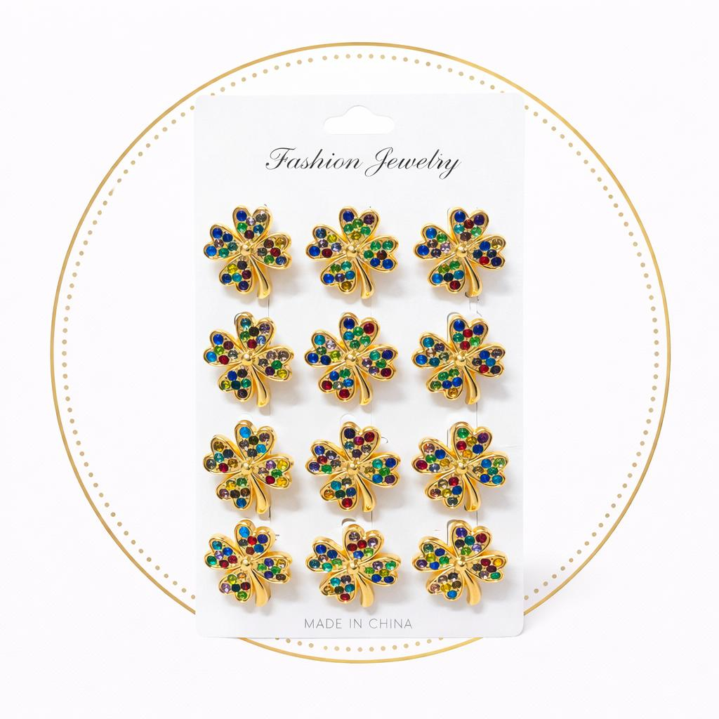 Set 12 brose martisor trifoi auriu cu strasuri colorate 15x9cm [1]