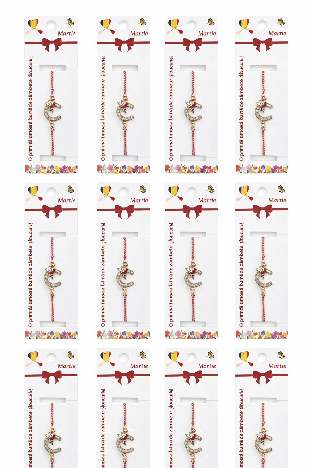 Set 12 bratari martisor cu potcoava stilizata si porumbel, snur rosu alb, ambalate individual [4]