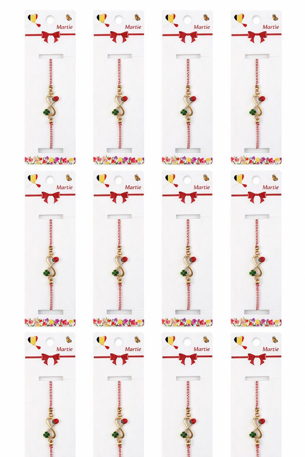 Set 12 bratari martisor cu simbol infinit, trifoi si buburuza, snur rosu alb [4]