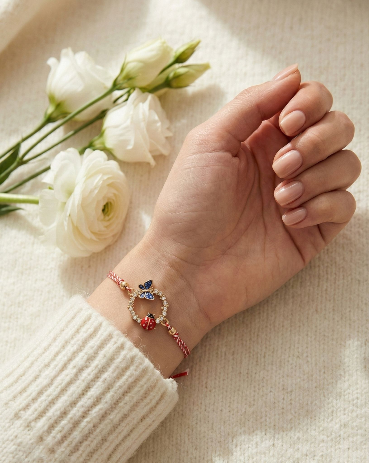 Set 12 bratari martisor cu cerc decorativ, fluture albastru si buburuza, snur reglabil rosu-alb [2]