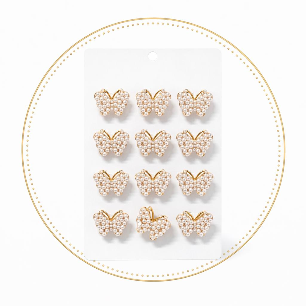 Set 12 brose martisor fluturas auriu cu perlute albe, simbol eleganta si renastere 15x9cm [1]