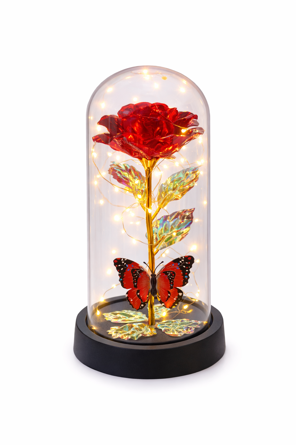 Cupola decorativa cu floare artificiala LED si fluture, baterii neincluse, 20 x 10 cm