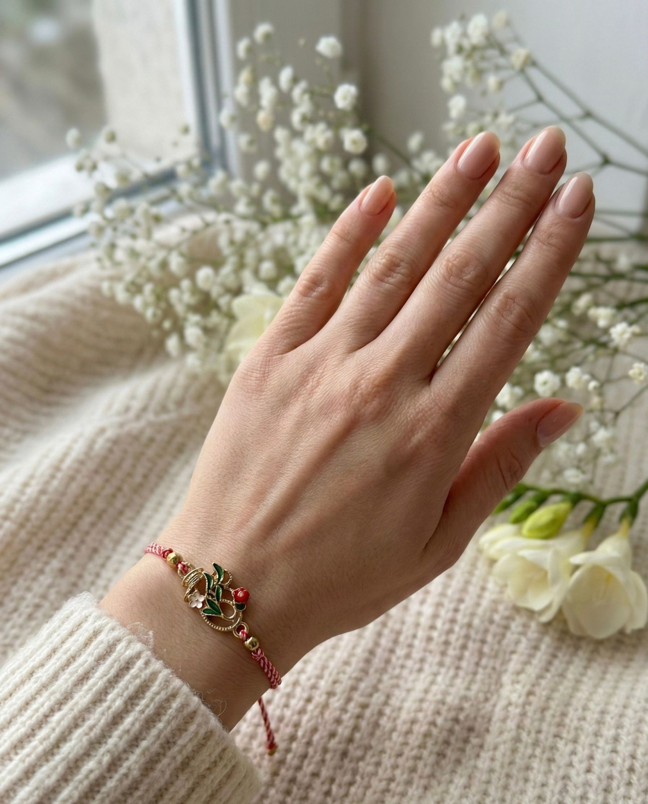 Set 12 Bratari Martisor Cosulet cu Flori si Buburuza, Snur Reglabil, 20x11 cm [2]