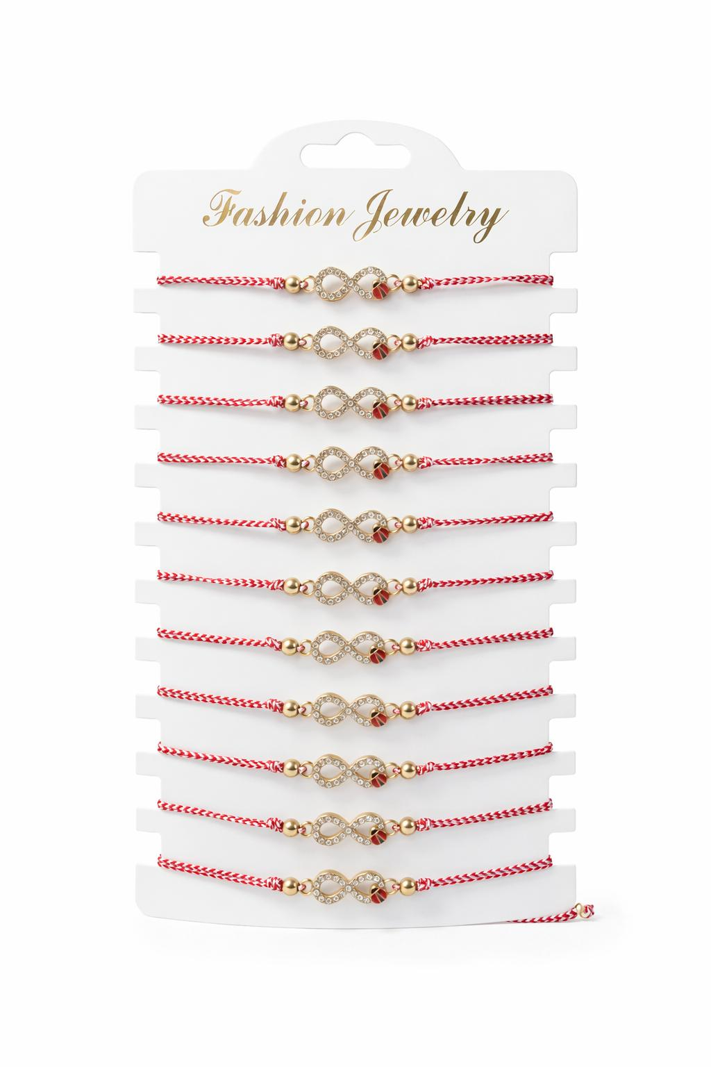 Set 12 bratari martisor infinit auriu cu strasuri si buburuza, snur alb rosu, 20x11cm
