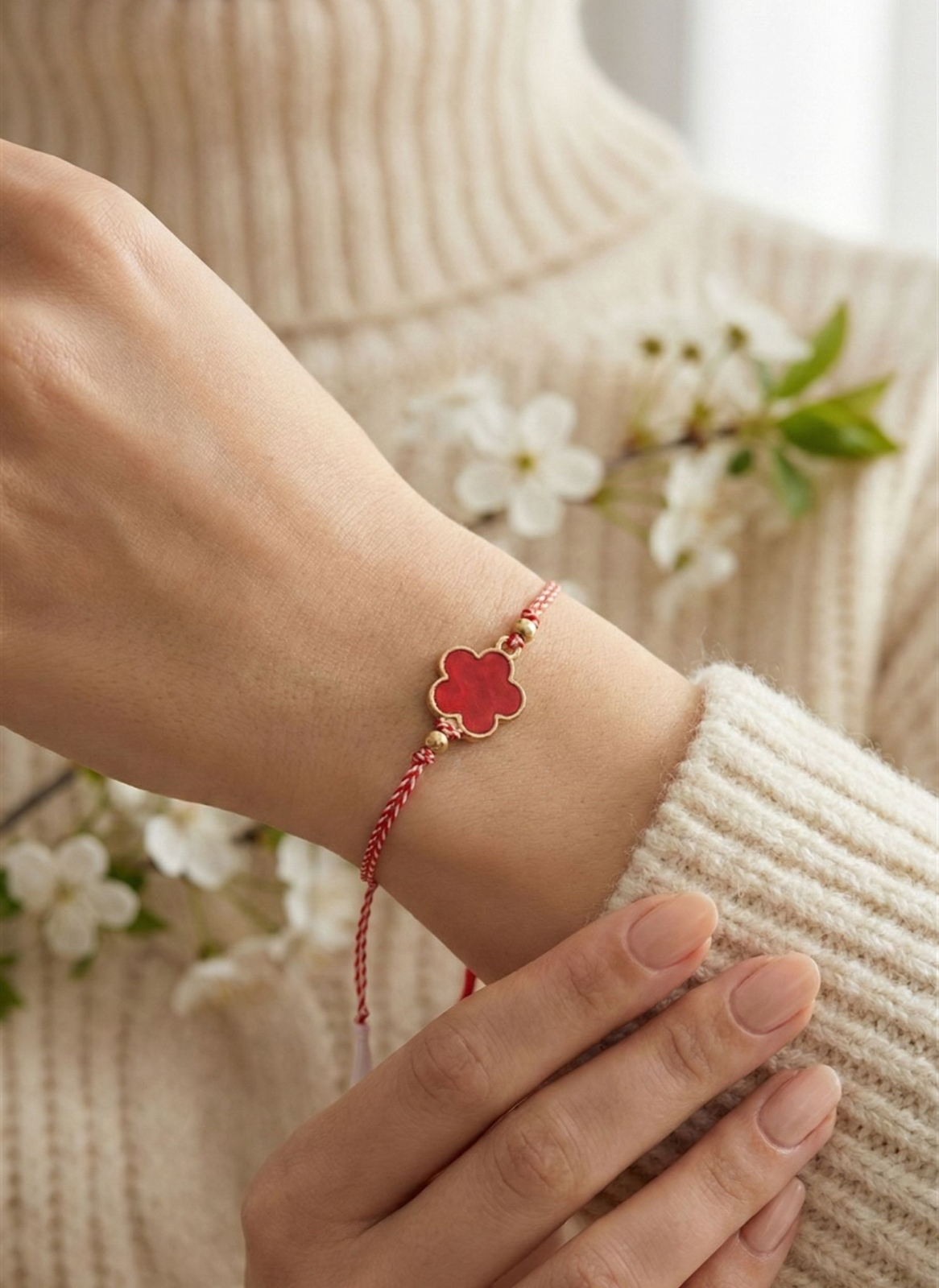 Set 12 bratari martisor cu trifoi stilizat rosu, snur rosu alb, ambalate individual [2]