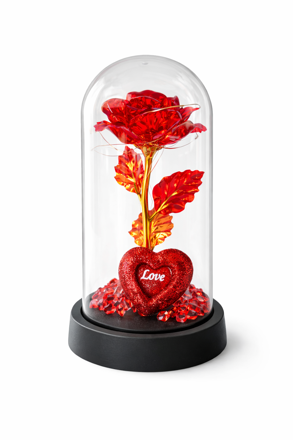 Cupola plastic cu trandafir rosu si inima Love LED, decor luminos, 20 cm, cutie cadou [1]