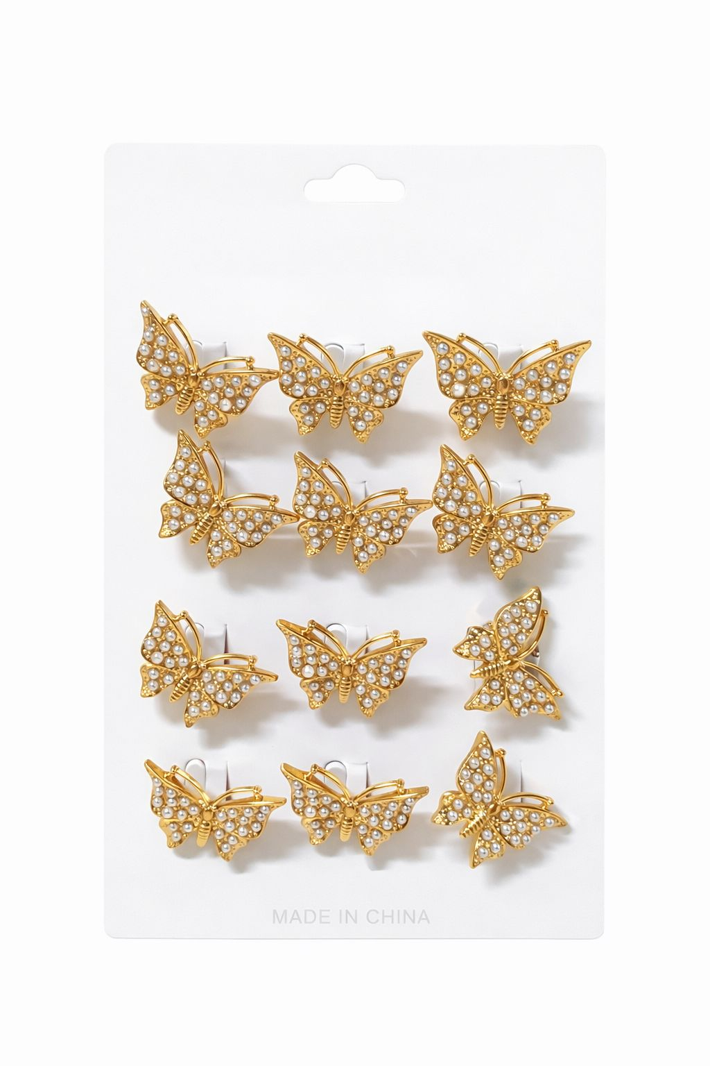 Set 12 brose martisor fluture auriu cu perlute albe elegante 15x9cm