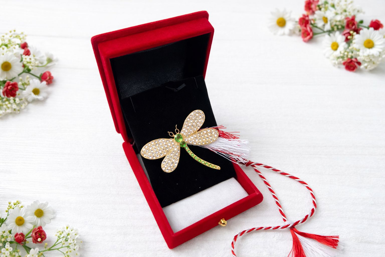 Brosa libelula aurie cu strasuri, cutie catifea luxury 9x7x3.5 cm [1]