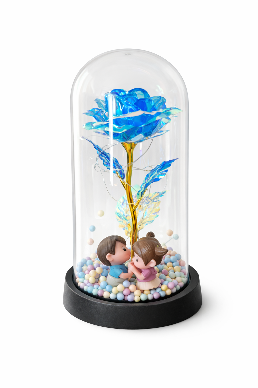 Cupola plastic cu trandafir albastru LED si 2 indragostiti, 20 cm, cutie cadou [1]