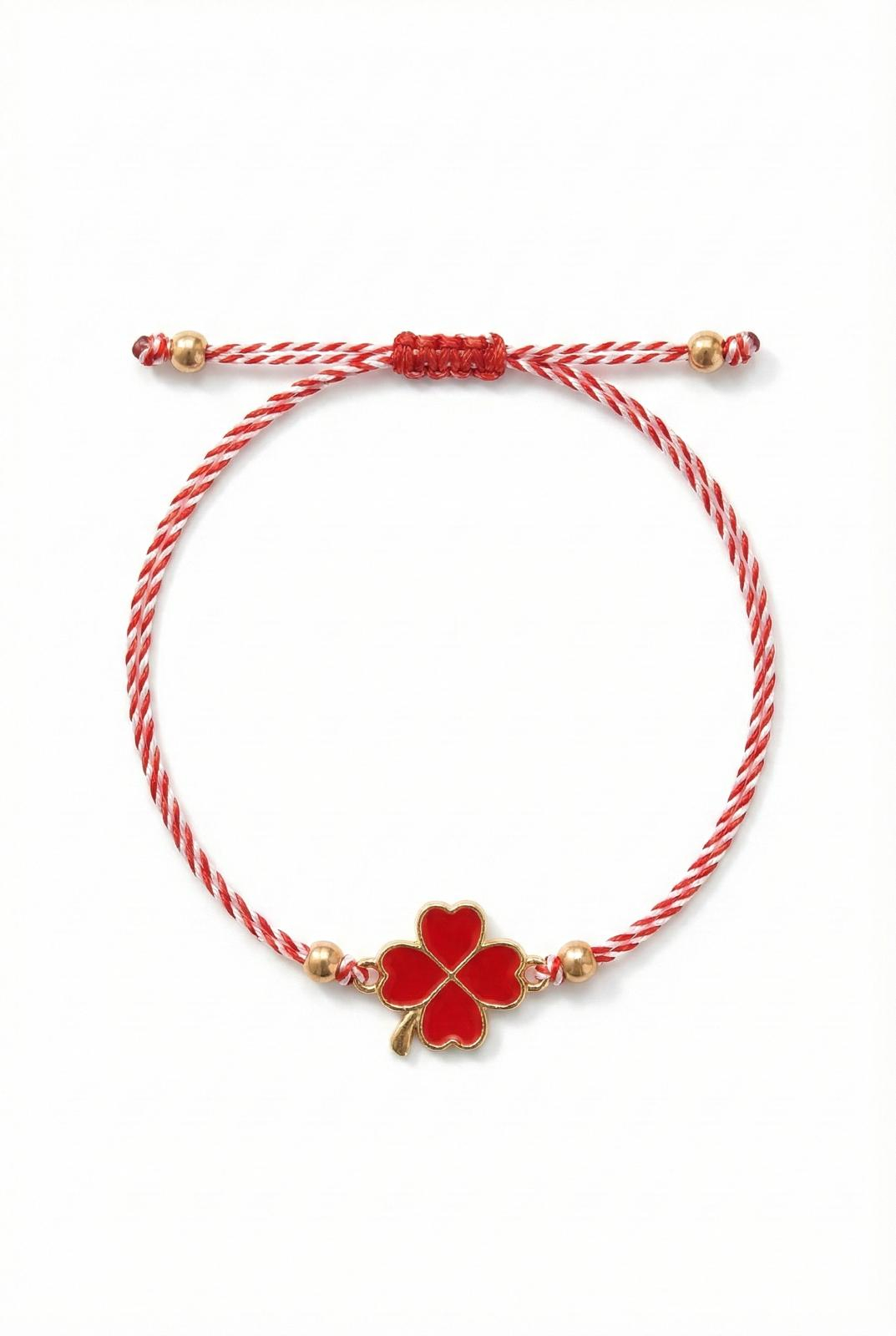 Set 12 bratari martisor cu trifoi auriu si petale rosii, snur reglabil, simbol norocos [1]