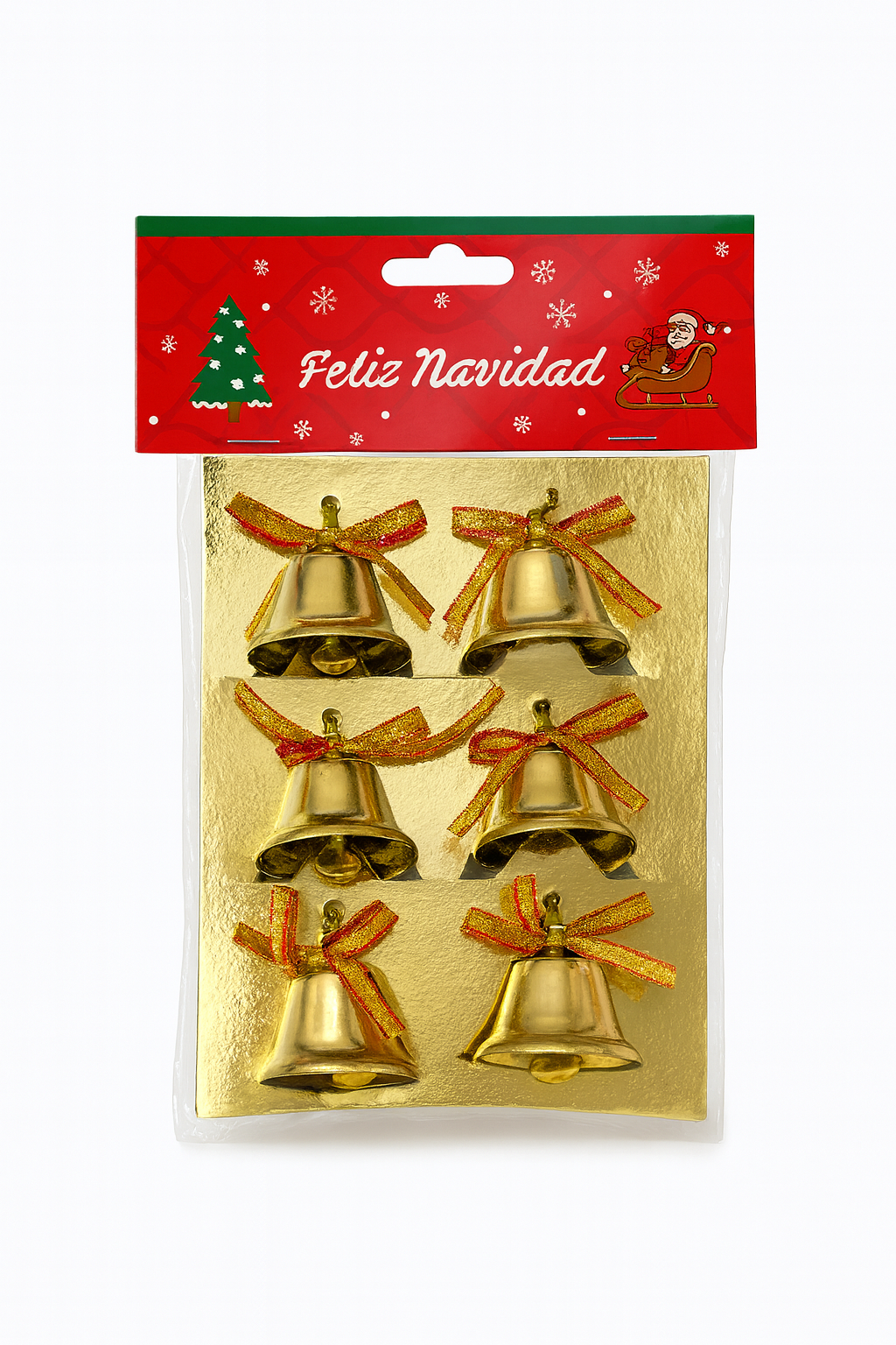 Set 6 Clopotei Aurii cu Fundita Rosie - Decoratiuni Brad Craciun