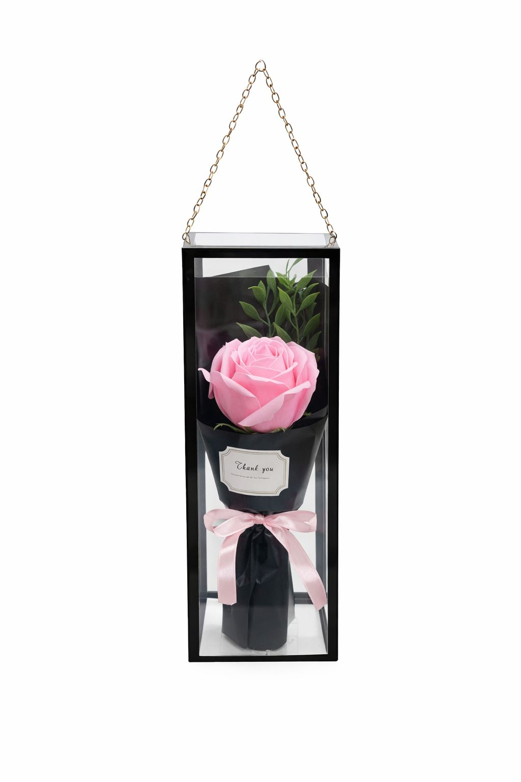 Buchet cu trandafir din spuma in cutie transparenta de cadou cu lant decorativ