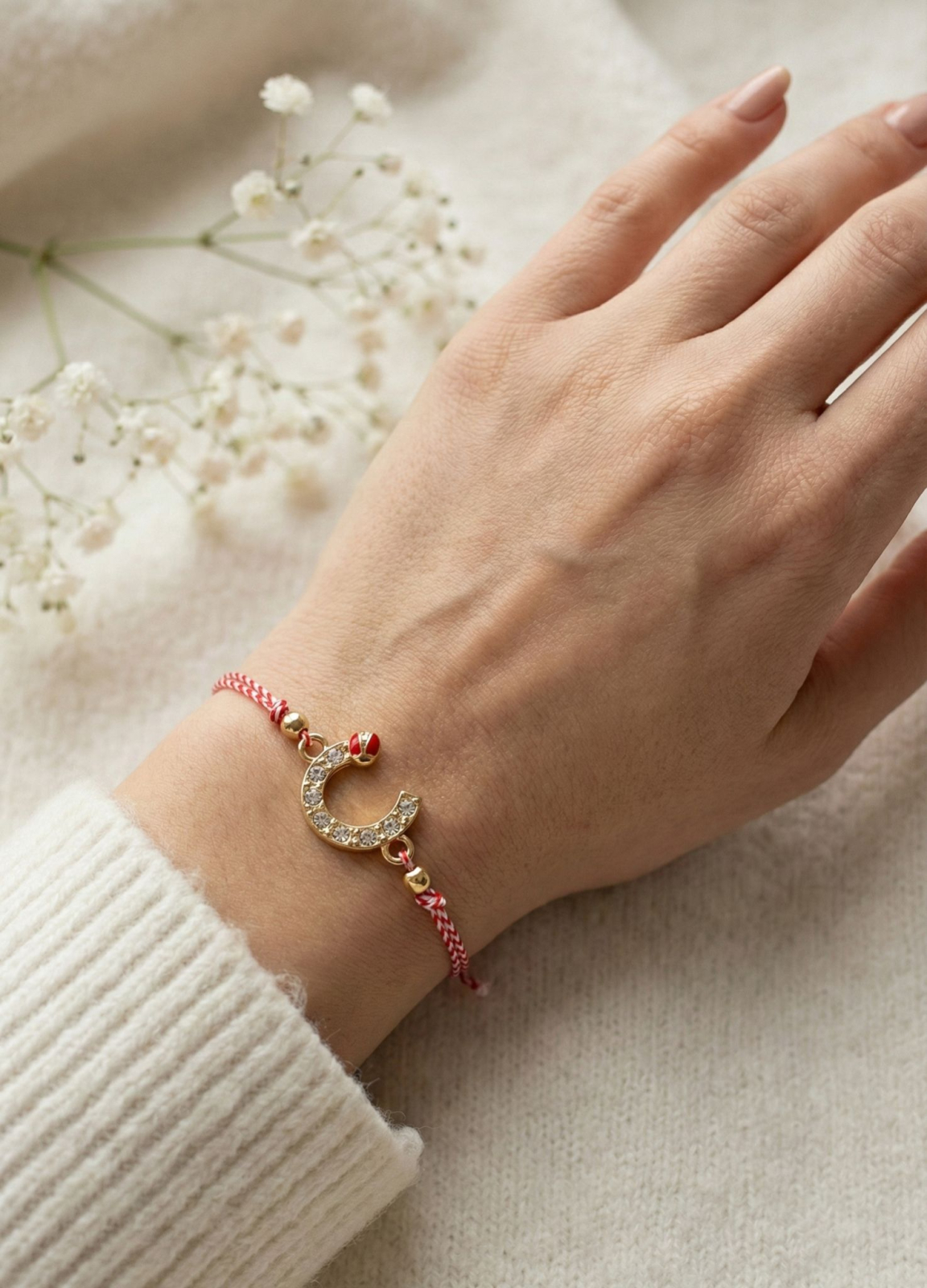 Set 12 bratari martisor cu potcoava stilizata cu strasuri si buburuza, snur rosu alb [2]