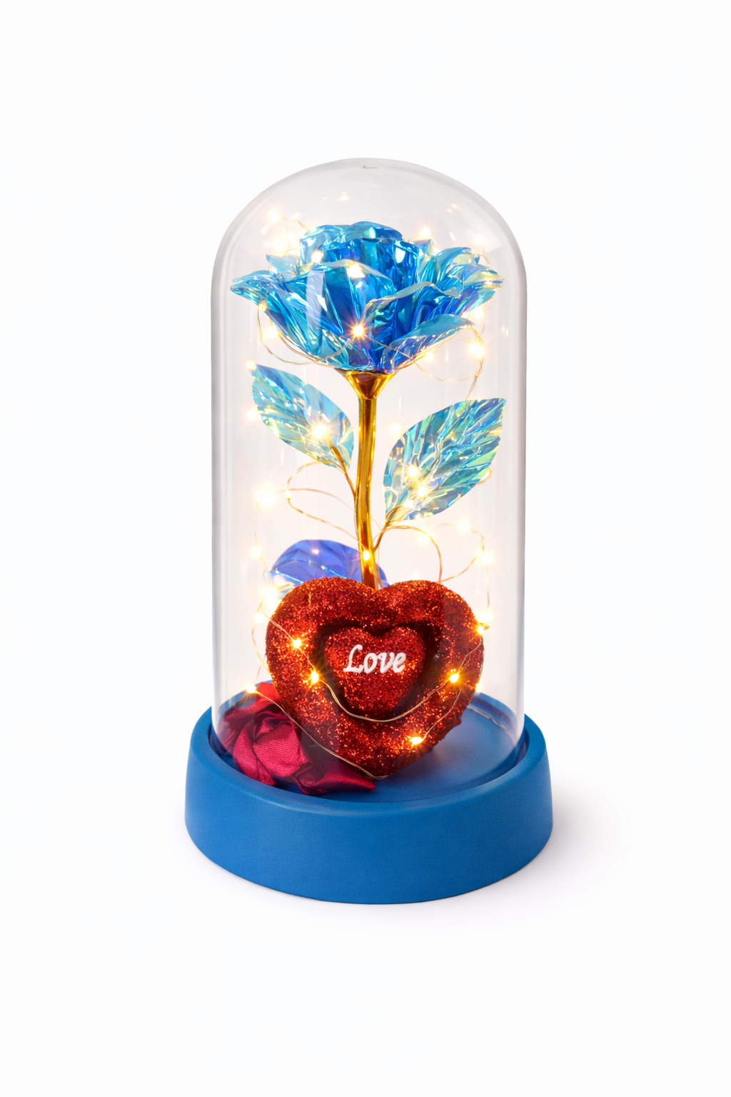 CUPOLA CU TRANDAFIR Royal Love Blue, Inima Decorativa, LED Cald, Cadou Romantic Elegant