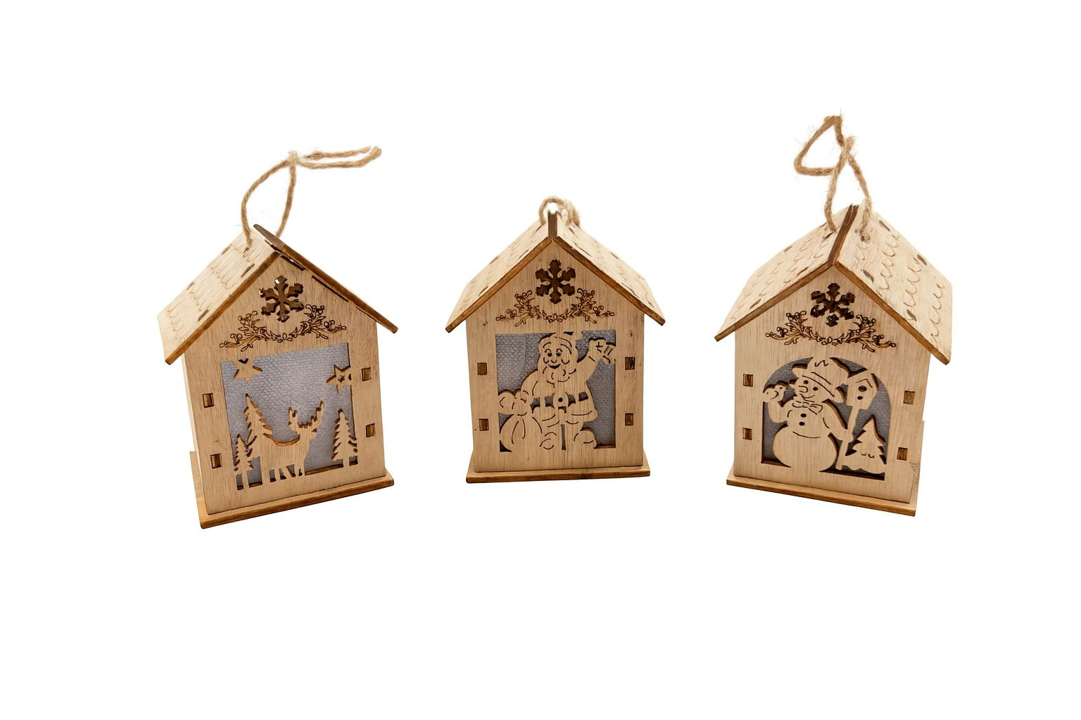 Casuta decor lemn Craciun cu lumini LED, model ren   Mos Craciun   om de zapada, 8x5.5x5cm