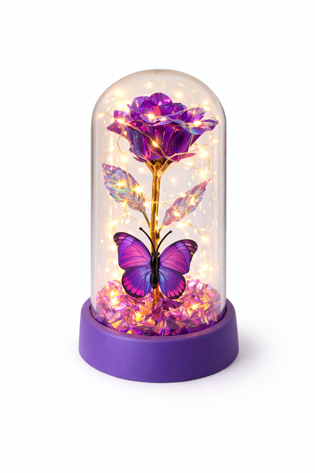 Cupola cu trandafir Royal Purple, fluture decorativ, LED, 15 x 9 cm, baterii incluse