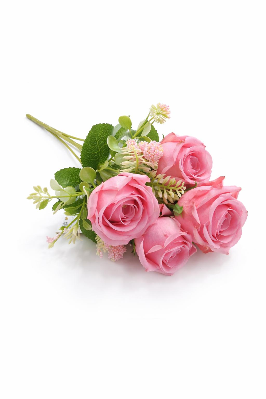 Buchet 5 trandafiri artificiali roz pudrat cu frunze si boboci decorativi 30cm [1]