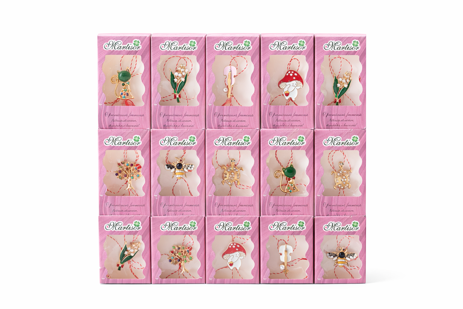 Set 30 Brose Martisor Metalice in Cutie Speciala cu Mesaj, Cadou 1 Martie 11x5 cm