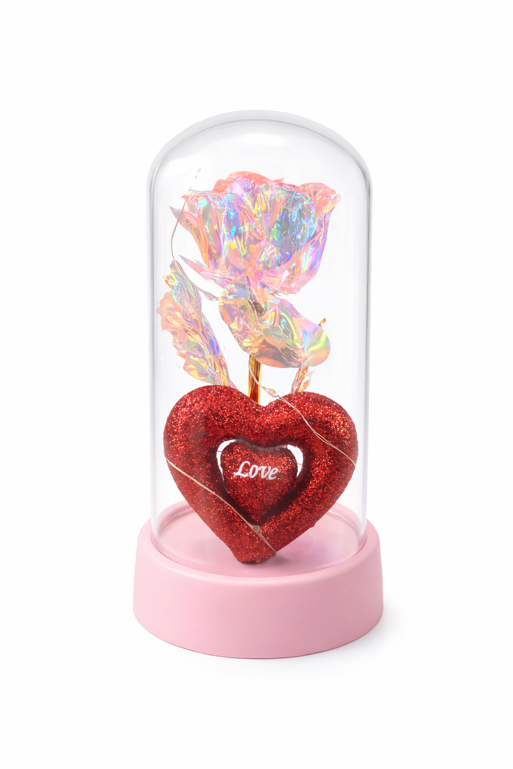 Cupola decorativa cu floare artificiala LED si inima Love, baterii incluse, 14.5 x 7 cm [1]