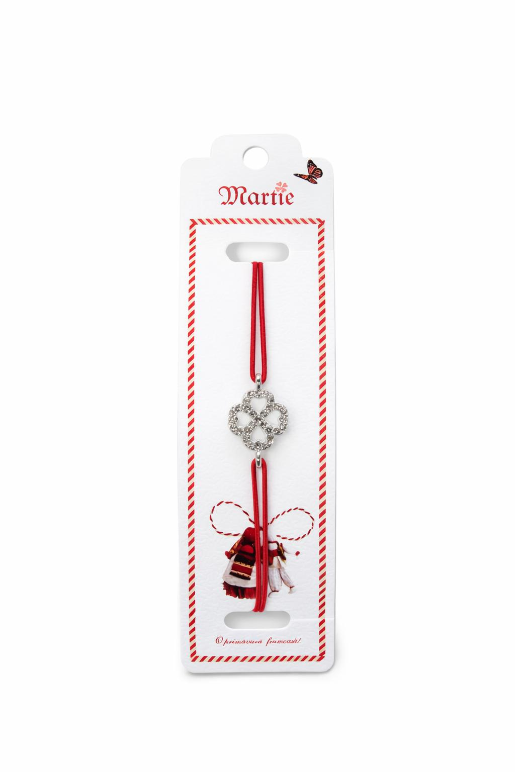 Set 24 bratari martisor cu snur rosu elastic, trifoi argintiu cu strasuri