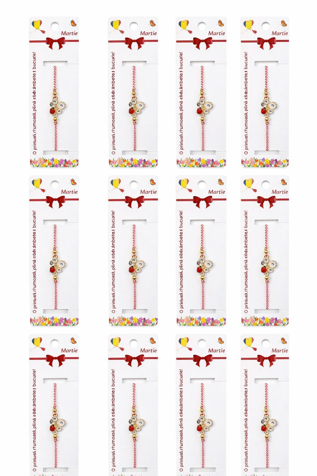 Set 12 bratari martisor cu floare alba si buburuza, snur rosu alb, ambalate individual [4]