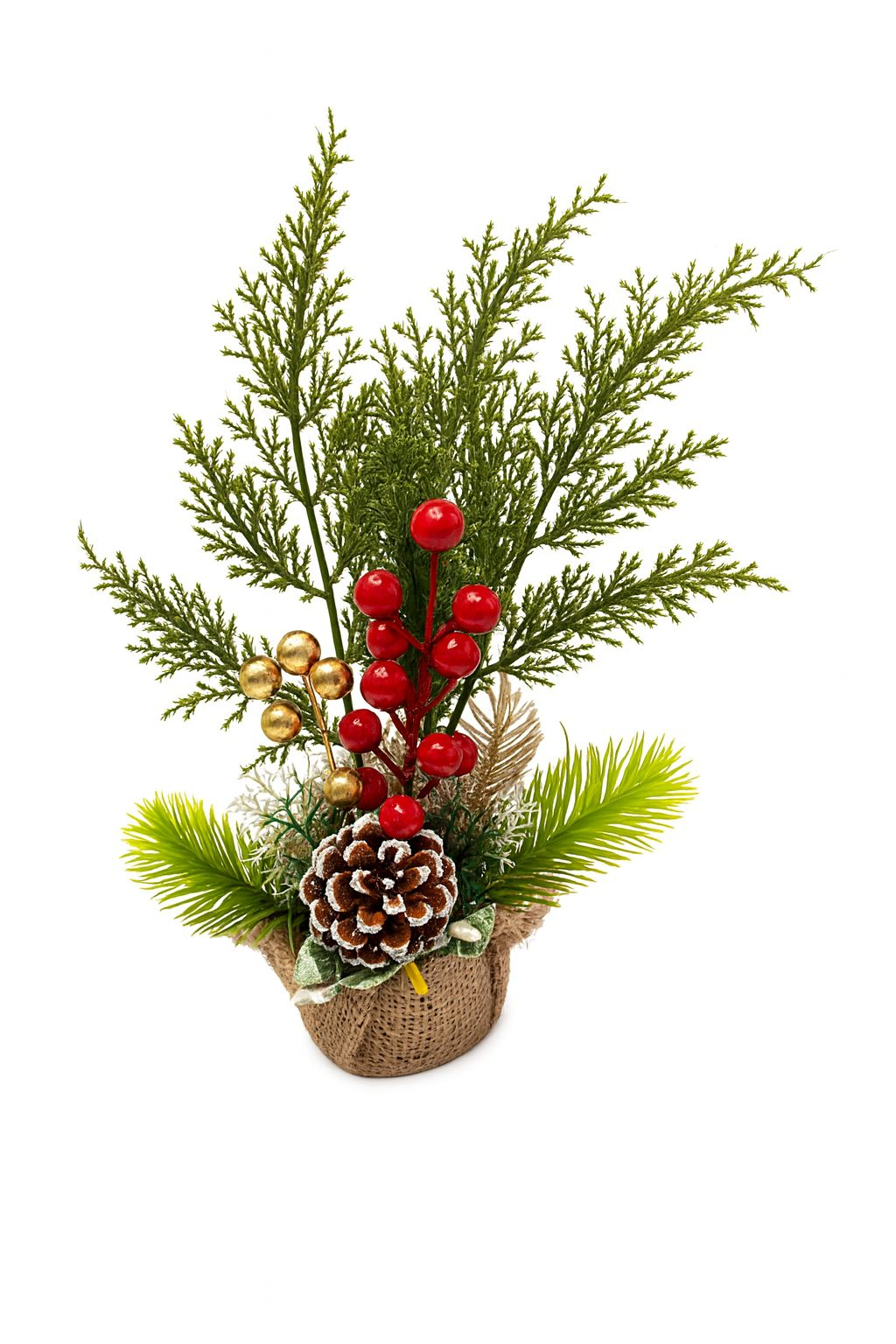 Aranjament decorativ de Craciun cu con, fructe rosii si baza tip sac, 33cm