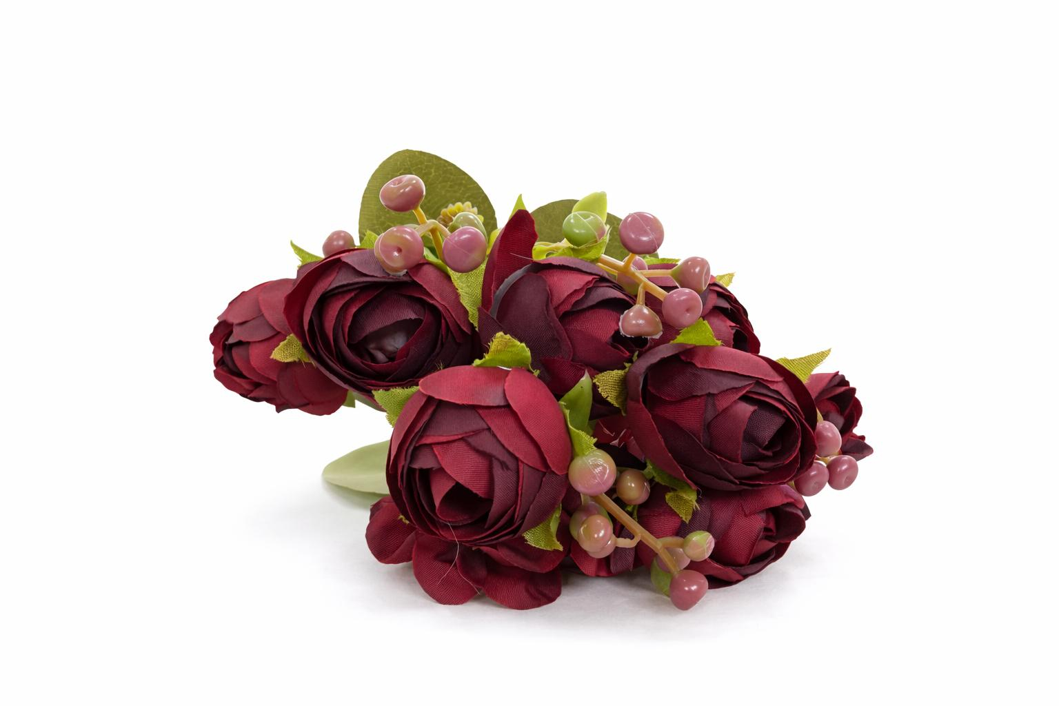 Buchet artificial visiniu elegant cu trandafiri si camelie pe fir unic 30 cm [1]