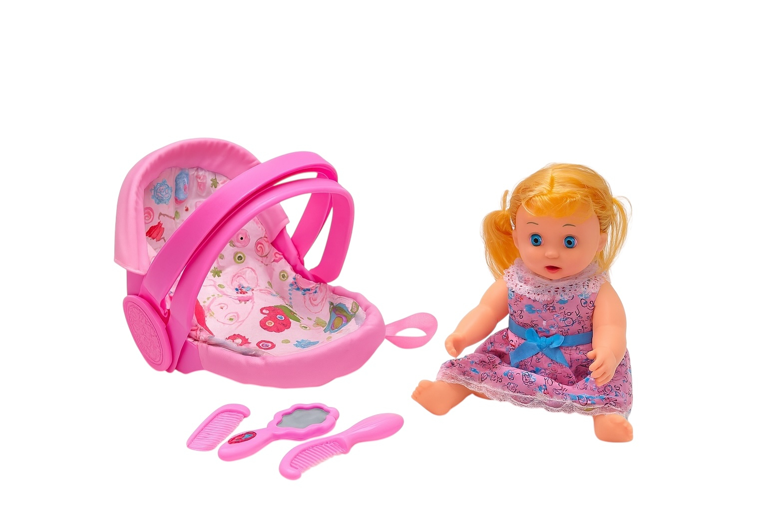 Set papusa cu scoica si accesorii roz - bebelus jucarie cu geanta si perii