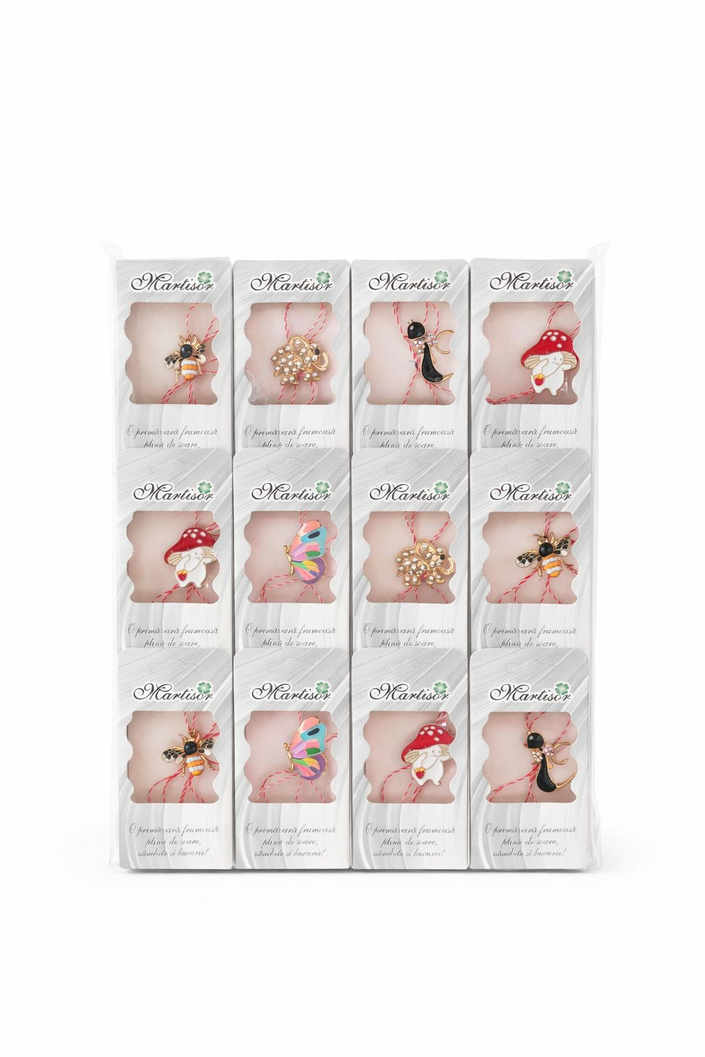 Set 30 brose martisor elegante modele combinate ambalaj individual 9x4.5 cm
