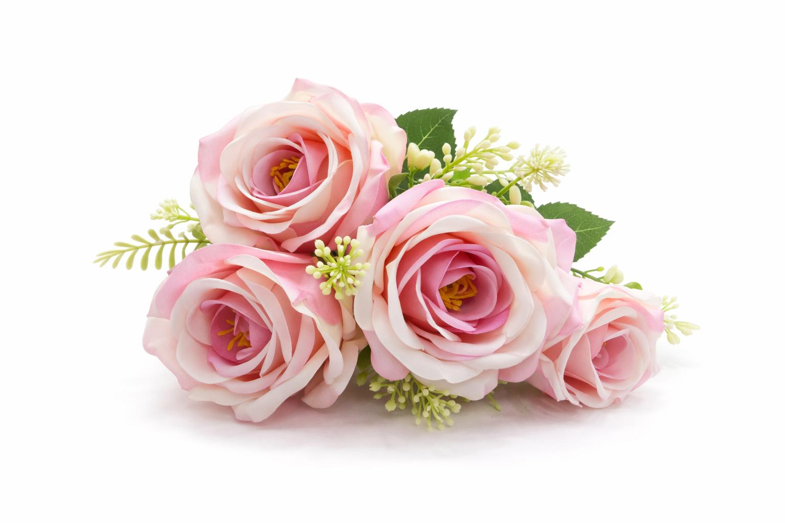 Buchet 5 trandafiri artificiali roz pal in nuante crem cu frunze decorative 30cm [1]