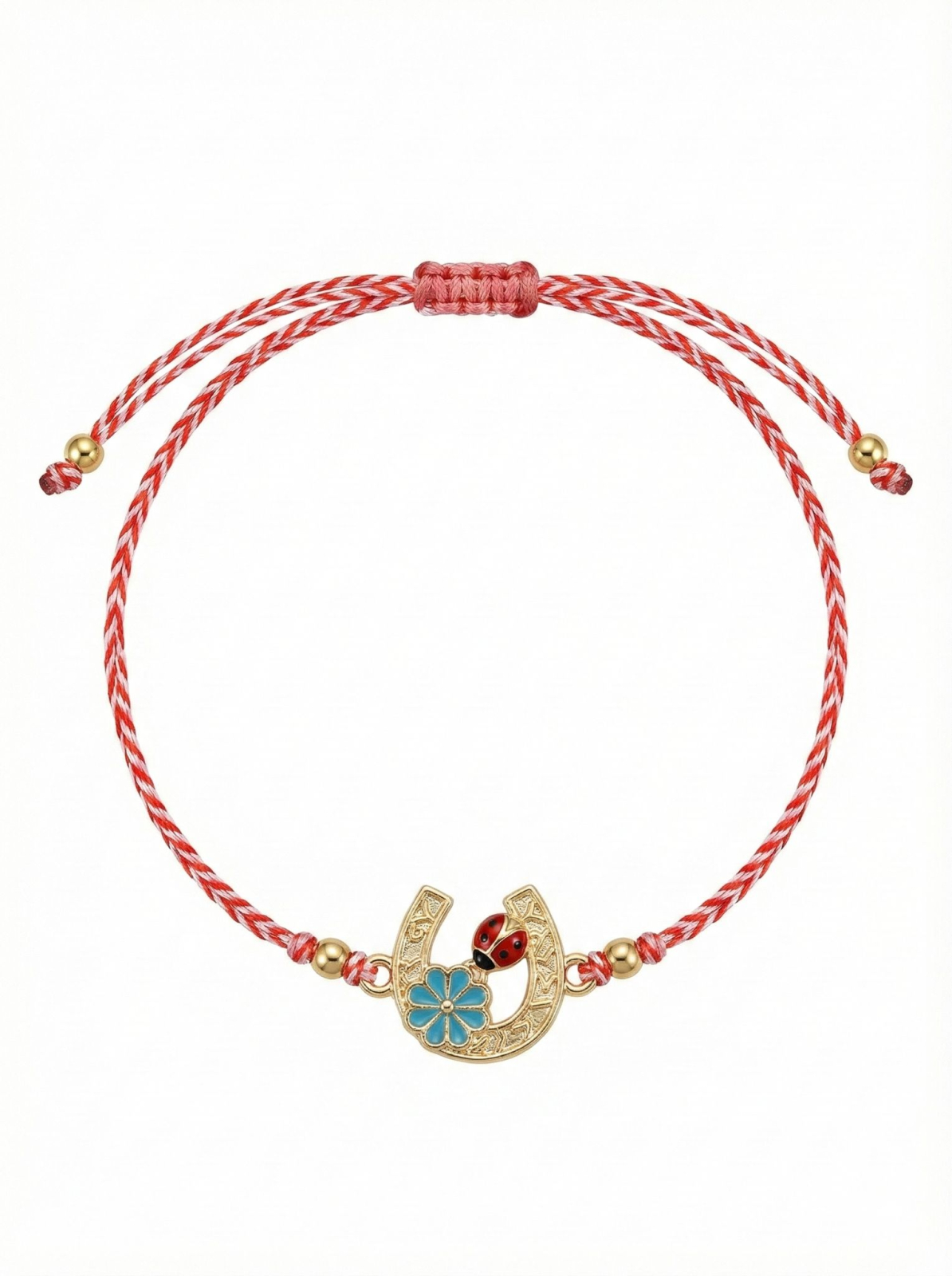 Set 12 Bratari Martisor Potcoava Aurie cu Trifoi si Buburuza Norocoasa, snur reglabil [1]