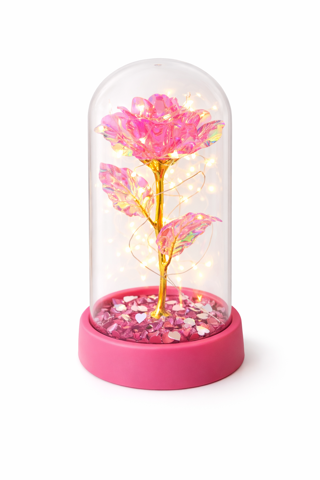 Cupola plastic cu trandafir roz LED, decor romantic, baza roz, cutie cadou