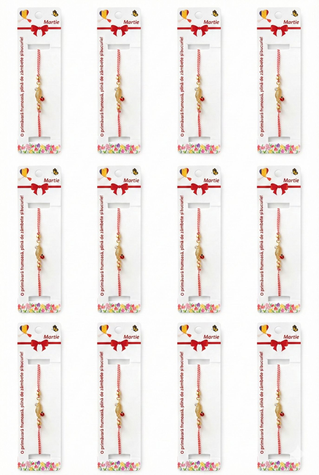Set 12 Bratari Martisor Frunza Aurie cu Buburuza Snur Alb Rosu [3]